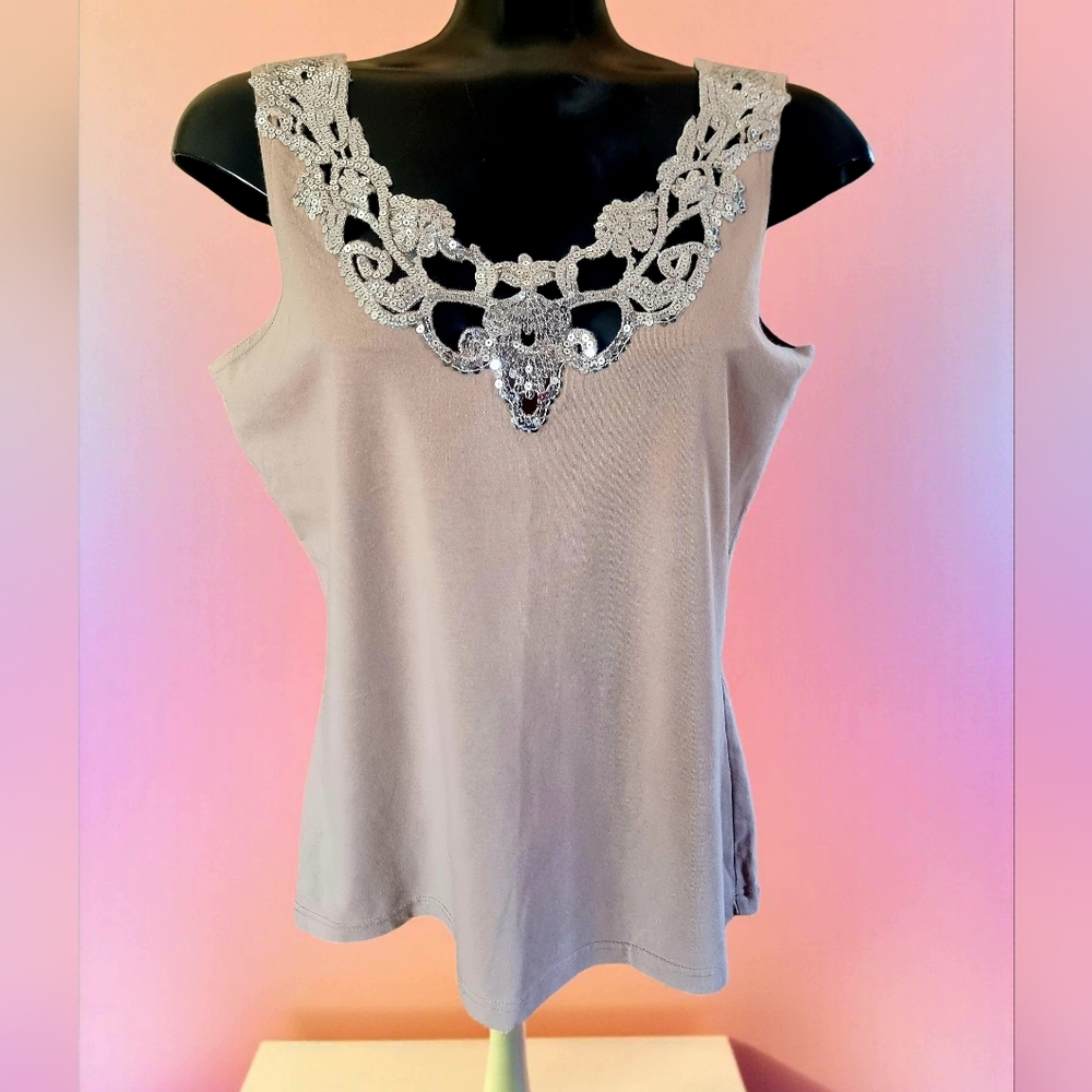 Together Beige Embellished Embroidered Sleeveless Cotton Spadex Blend Top